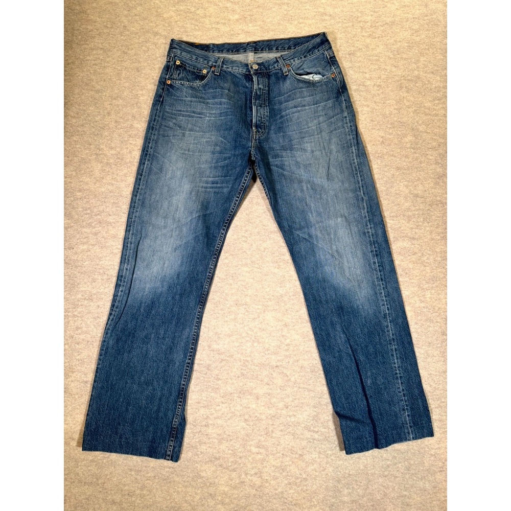 Levis 501 Authentic Straight Jeans‎ Mens 36x34 Blue Whiskering Denim Button Fly